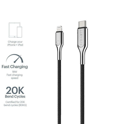 Cygnett Armoured Lightning to USB-C Cable (1M) - Black (CY2799PCCCL), Fast charge your iPhone (30W), MFi certified, Certified for 20,000 bend cycles Cygnett