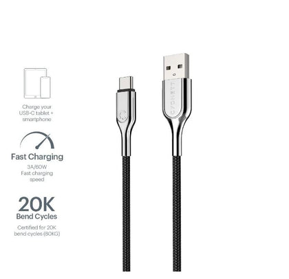 Cygnett Armoured USB-C to USB-A (2.0) Cable (2M) - Black (CY2682PCUSA), 3A/60W, Double Braided Nylon, 20K Bend, 480Mbps Transfer Speed, 5 Yr. WTY.