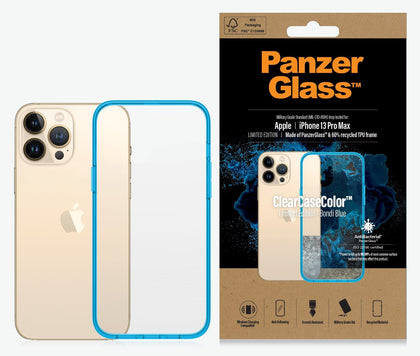 PanzerGlass Apple iPhone 13 Pro Max ClearCase - Bondi Blue Limited Edition (0341), AntiBacterial, Military Grade Standard, Scratch Resistant Panzer Glass