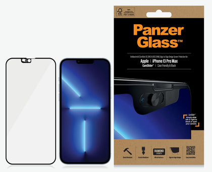 PanzerGlass Apple iPhone 13 Pro Max CamSlider Screen Protector - Black (2749), AntiBacterial, Scratch Resistant, Shock Resistant, Edge-to-Edge Panzer Glass