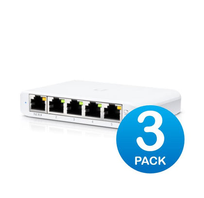 Ubiquiti USW Flex Mini 3 Pack - Managed, UniFi, Layer 2 Gigabit Switch, 5x GbE RJ45 Ports, Powerable Via PoE (802.3af) or USB Type-C 5V 1A, No PSU Ubiquiti