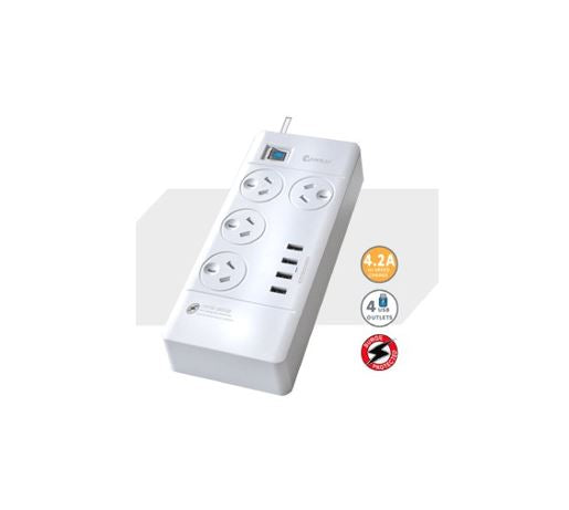 Sansai 4 Outlets & 4 USB Outlets Surge Protected Powerboard Master On/Off switch 1M lead & Right angle plug 230-240VAC IV Retail box Generic