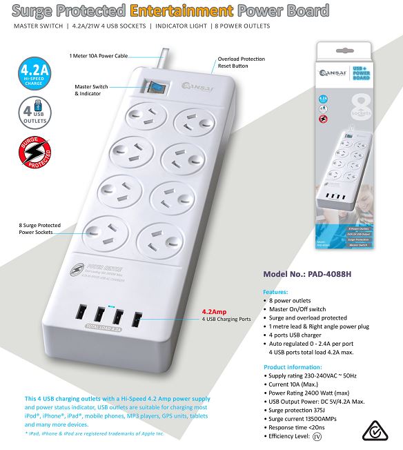 Sansai 8 Outlets & 4 USB Outlets Surge Protected Powerboard Master On/Off switch 1M lead & Right angle plug 230-240VAC IV Retail box Generic