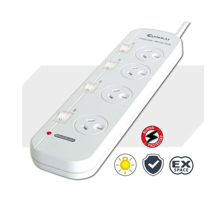 Sansai 4-Way Power Board (421SW) with Individual Switches and Surge Protection 2 Extra Spaced Sockets Indicator Light 100CM Lead 240VAC 50Hz 10A Generic