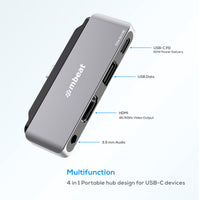 mbeat®  Elite Mini 4-In-1 USB-C Mobile Hub for iPad Pro, USB-C Tablet & Laptop/Notebook - Supports up to 60W PD pass-through charging MBEAT