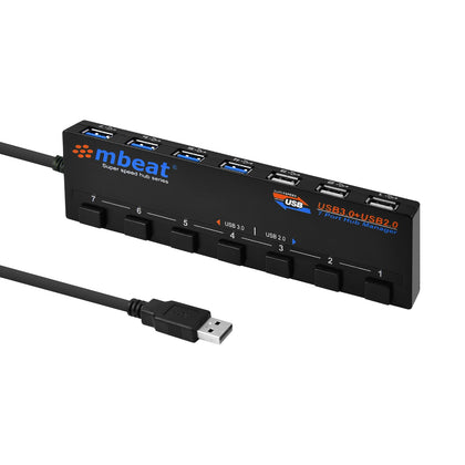 mbeat® 7-Port USB 3.0 & USB 2.0 Powered Hub Manager with Switches - 4x USB 3.0 with 5Gbps/3x USB 2.0 with 2.4Ghz(480Mbps)/Super Fast Hub Manager MBEAT