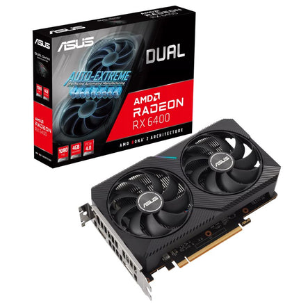 ASUS AMD Radeon DUAL-RX6400-4G RX 6400 4GB GDDR6, 2321 MHz Boost Clock/2039 MHz Game Clock PCI Express 4.0.  1x HDMI,1xDP 1.4a ASUS