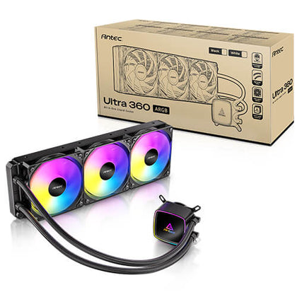 Antec Ultra 360 ARGB - Black, 360mm AIO, ARGB PWM fans, 1800RPM, 67.62 CFM, 2.09mmH₂O, Intel/AMD, 2-Year Warranty