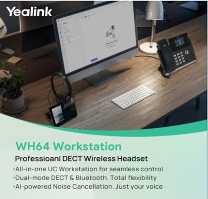 Yealink WH64 Dual Workstation, Yealink WH64 Workstation is an industry-leading DECT wireless headset with dual/single-ear options for seamless desktop