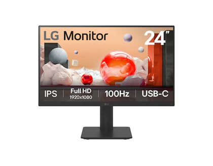 LG 24' IPS Full HD monitor with USB-C – 23.8' FHD IPS, 100Hz, 5ms, 250 nits, 16:9, NTSC 72%, 3-side borderless, USB-C 65W PD, Height/Tilt adj