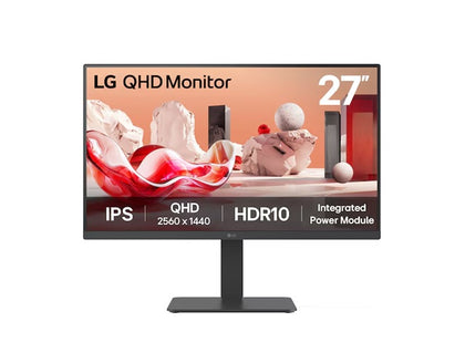 LG 27' QHD IPS Monitor, 2560x1440, HDR10, 99% sRGB, 75 Hz, integrated power, adjustable stand (tilt/height/swivel/pivot), Flicker Safe & Reader Mode