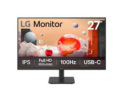 LG 27' IPS Full HD Monitor with 100Hz refresh rate, USB-C (65W PD), 3-side borderless design, Reader Mode, Flicker Safe, and tilt-adjustable stand