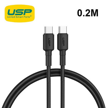 USP BoostUp Braided USB-C to USB-C Cable (20cm) Black-3A/60W, Fast & Safe Charge,Strong & Durable,Samsung Galaxy,Apple iPhone,iPad,MacBook,Google,OPPO