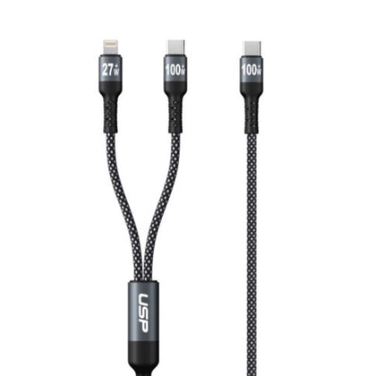 USP Braided 2-in-1 USB-C to Lighting (27W) + USB-C (100W) Super Fast Charging Cable (1.2M) Black - High Speed Charging