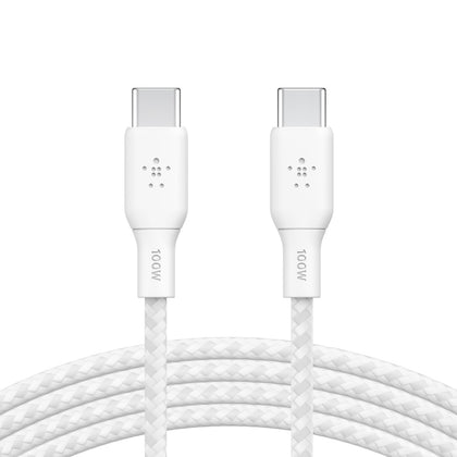 Belkin BoostCharge Braided USB-C to USB-C Cable 2M - White (CAB014bt2MWH),100W,480Mbps,30K+,Samsung Galaxy,iPad,MacBook,Google,OPPO,Nokia,2YR