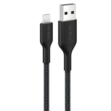 Belkin BoostCharge Pro Braided Lightning to USB-A Cable (2M) - Black (CAA020FQ2MBK), 2.4A/15W, 480Mbps, 350K Bends, MFI-Certified, 2 Years Warranty