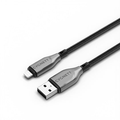 Cygnett Armoured Braided Lightning to USB-A (2.0) (2M) Cable - Black (CY4660PCCAL), 2.5A/12W, 480Mbps, Turbo Charge, Apple iPhone, 5 Years Warranty