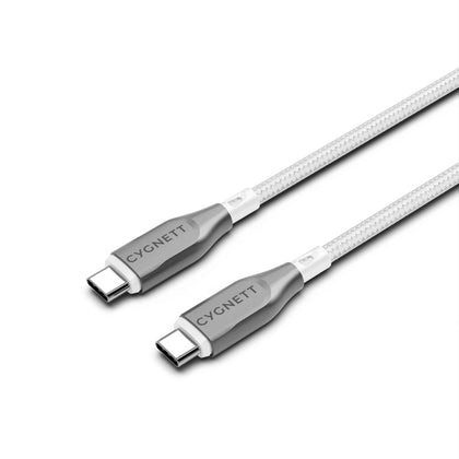Cygnett Armoured Braided USB-C to USB-C (2.0) Cable (1M) - White (CY4675PCTYC), 5A/100W, 480Mbps, Turbo Charge, Best for Laptop, 5 Years Warranty