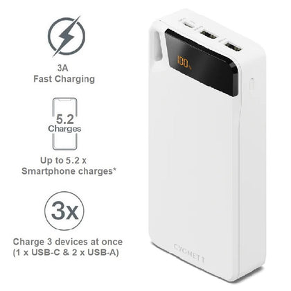 Cygnett ChargeUp Boost 4th Gen 20K mAh Power Bank- White(CY4752PBCHE)Triple Port(Dual USB-A 15W+1xUSB-C 15W),15cm USB-C Cable,15W Max,2 Years Warranty