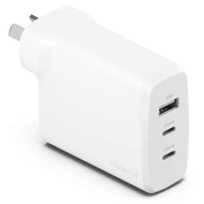 LS Cygnett PowerPlus 87W Triple Port Fast GaN Wall Charger - White(CY4770PDWCH),2xUSB-C PPS (87W),1xUSB-A(20W),Charge 3x Devices,Compact,2 Years Warra