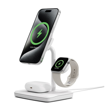Cygnett ChargeBase Qi2 3-in-1 Magnetic 15W Wireless Charger-White(CY5070BUNCP),1.2M USB-C Cable,5W Watch Charger, 180° Swivel Head,2 Years Warranty