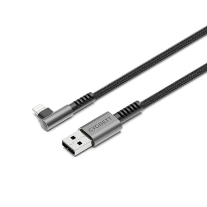Cygnett Unite Right-Angle Lightning to USB-A Cable(2.0)(1M)- Black (CY5108PCCSL),12W,Double Braided,10Gbps Transfer, Fast Charge,MFi,2 Years Warranty
