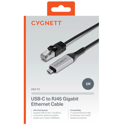 Cygnett Unite USB-C (USB 3.2) To Ethernet Cable Gigabit (CAT 6) ( 5m) - Black(CY5506PCCCE), Works with MacBook/Windows PC/Laptops, 2 Years Warranty