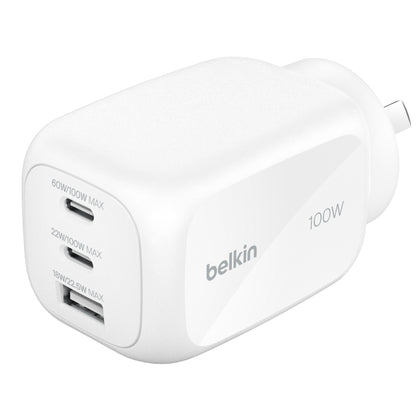 Belkin BoostCharge Pro 100W 3-Port GaN Wall Charger - White (WCH016AUWH), 2x USB-C, 1x USB-A, Compact Laptop Charger, CEW $2500, 2 Years Warranty
