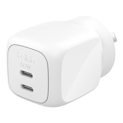 Belkin BoostCharge Pro Dual USB-C GaN Wall Charger 50W - White (WCH019AUWH), Compact Laptop Charger, Travel-Ready, CEW $2500, 2 Years Warranty