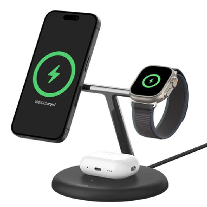 Belkin BoostCharge Pro 3-in-1 Magnetic Wireless Charging Stand with Qi2 15W, Black(WIZ023AUBK), 36W Power Supply With Attached USB-C Cable