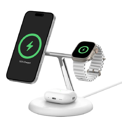 Belkin BoostCharge Pro 3-in-1 Magnetic Wireless Charging Stand with Qi2 15W White(WIZ023AUWH), 36W Power Supply With Attached USB-C Cable