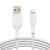 Belkin BoostCharge Braided Lightning to USB-A Cable (1m/3.3ft) - White (CAA002bt1MWH), 480Mbps, 10K+ bend, Apple iPhone / iPad / Macbook, 2YR