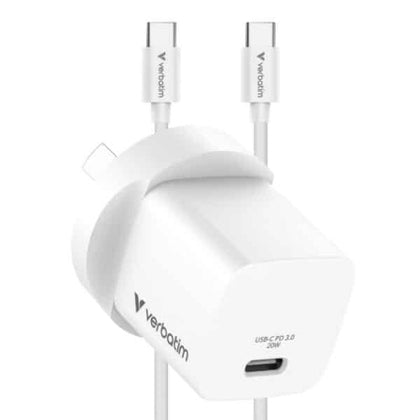 Verbatim Mini GaN 20W USB-C Charger, PD 3.0, PPS, QC 3.0, with 1m USB-C to USB-C Cable (60W, USB 2.0), AU Plug, White, OCP/OVP/SCP/OTP Protection