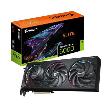 Gigabyte AORUS GeForce RTX™ 5060 ELITE 8G, 2722 MHz, CUDA 3840, 28 Gbps, 8 GB. GDDR7, 128 bit, PCI-E 5.0, PSU 500W, DisplayPort 2.1b *3 HDMI 2.1b x1