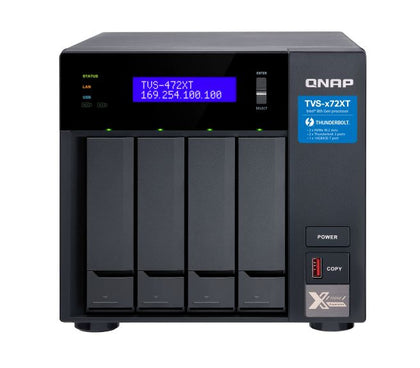 QNAP TVS-472XT-PT-4G 4 Bay NAS Intel® Pentium G5400T 2-core 3.1 GHz 4GB DDR4 Hot-swappable 2 xPCIe 2xGbE 1x10GBASE-T 2xThunderbolt 1xUSB3.2 2 yrs wty QNAP