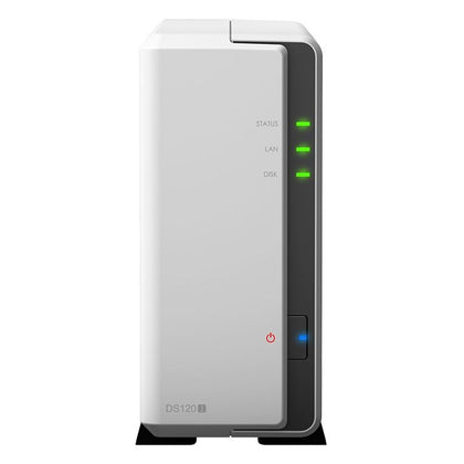 Synology DiskStation DS120j 1-Bay 3.5' Diskless 1xGbE NAS (Tower) (SOHO), Marvell 800MHz, 2xUSB2 - 2 Years Warranty - Comes with 2 Camera Licenses. Synology