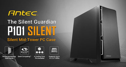 Antec P101 Silent ATX, E-ATX Case, 1x 5.25'Ext, 8x 3.5' HDD,  2x 2.5' SSD,  VGA up to 450mm, CPU Height 180mm. PSU 290mm. Two Years Warranty Antec