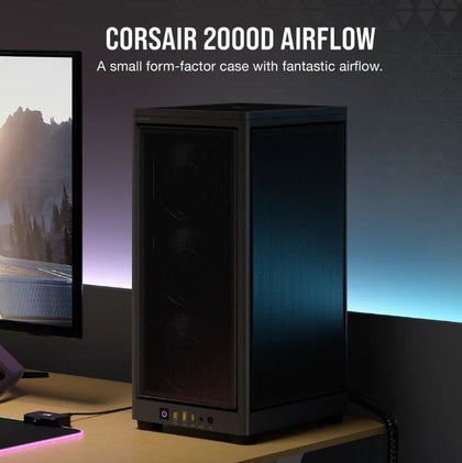 Corsair 2000D AIRFLOW, ITX MB, USB C, Mesh Panles - Support up to 8 Fans, Mini ITX Tower - Black. Case