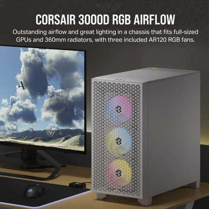 Corsair Carbide Series 3000D RGB Solid Steel Front ATX Tempered Glass White, 3x AR120 RGB Fans & Adapter pre-installed. USB 3.0 x 2, Audio I/O. Case