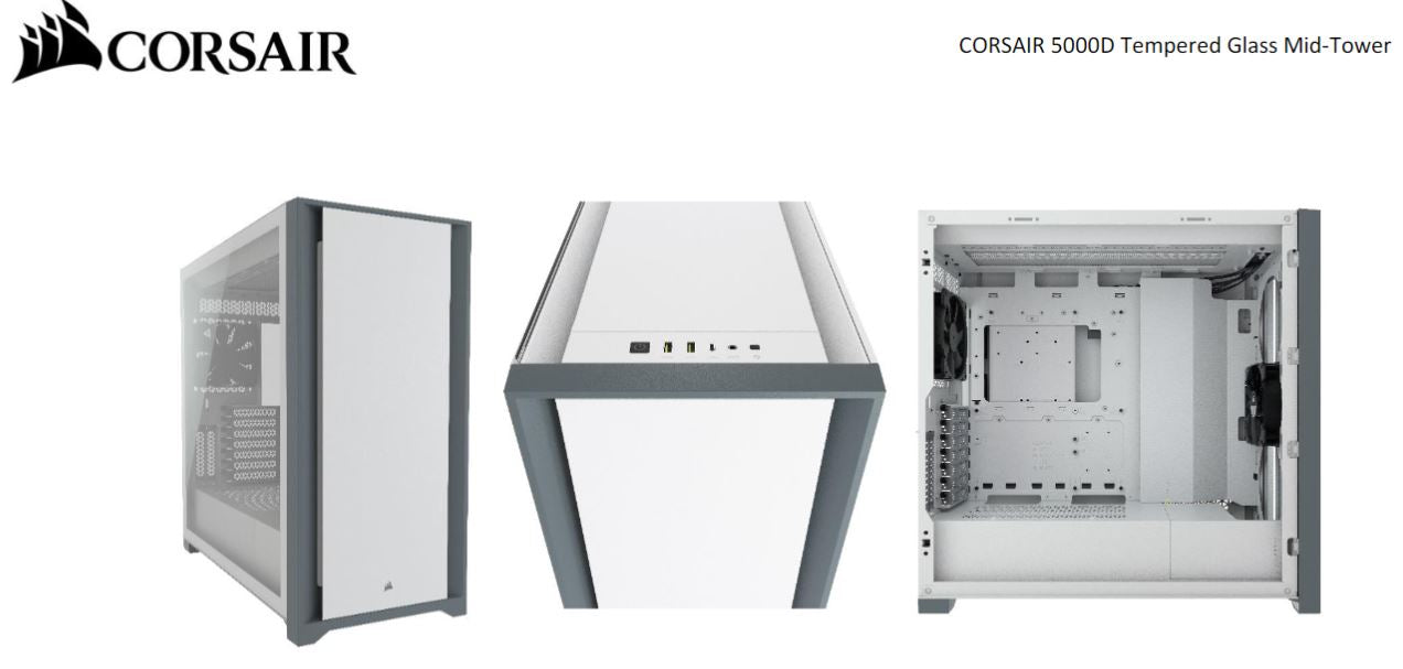 Corsair 5000D TG E-ATX, ATX, USB Type-C, 2x 120mm Airguide Fans, Radiator 360mm. 7+2 PCI Slots, 4x 2.5' SSD, 2x 3.5' HDD. VGA 420mm. White. Case (LS) Corsair
