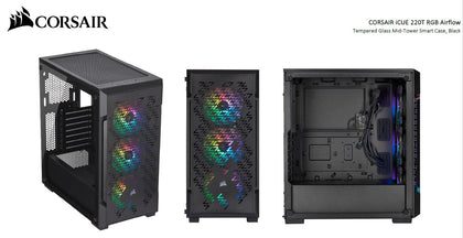 Corsair iCUE 220T RGB Airflow Smart ATX, mATX, Mini-ITX Case, 3x SP120 Fan, Lighting Node Core  - Black. 2 Years Warranty. (LS) Corsair