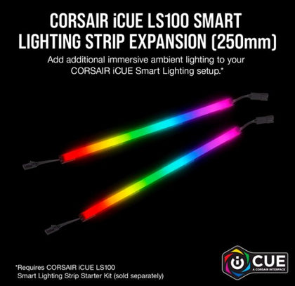 Corsair iCUE LS100 Smart Lighting Strip Expansion Kit -2x 250mm Addressable LED Strip, RGB Ext Cable, Adhesive Tape, Cable Clips. 2 Years Wty. (LS) Corsair