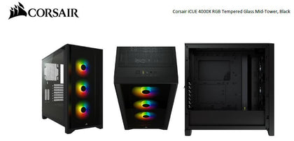 Corsair Carbide Series 4000X RGB E-ATX, ATX, Tempered Glass Front & Side. Black,3x 120mm RGB Fans pre-installed. USB 3.0 and Type-C x 1, PCI 7+2, Case Corsair