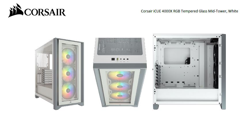 Corsair Carbide Series 4000X RGB E-ATX, ATX, Tempered Glass Front & Side. White,3x 120mm RGB Fans pre-installed. USB 3.0 and Type-C x 1. PCI 7+2, Case Corsair
