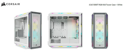 Corsair iCUE 5000T RGB ATX Mid-Tower Case, USB Type-C, 160 RGB LED, Rapid Route, Maximum Cooling, Tool Free Hinged Side Panels, White (LS) Corsair