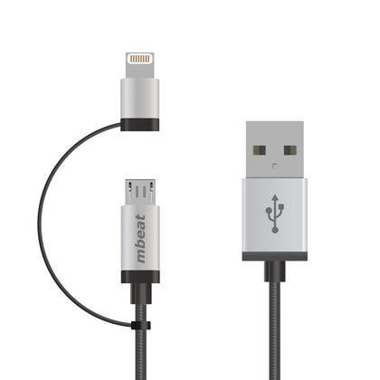 mbeat® 1m Lightning and Micro USB Data Cable - 2-in-1/Aluminmum Shell Crush-Proof/Nylon Braided/Silver/ Apple/Andriod Tablet Mobile Device (L) MBEAT