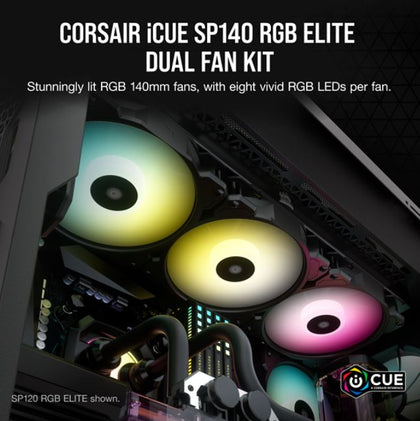 Corsair SP140 RGB ELITE, 140mm RGB LED Fan with AirGuide, Dual Pack with Lighting Node CORE Corsair