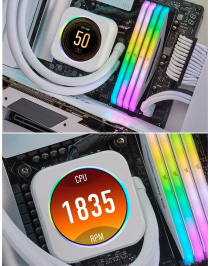 CORSAIR iCUE ELITE CPU Cooler LCD White Display Upgrade Kit transforms your CORSAIR ELITE CAPELLIX CPU cooler into a personalized dashboard Corsair