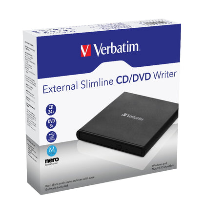 Verbatim External Slimline Mobile CD/DVD Writer USB 2.0 Black (L) freeshipping - Goodmayes Online
