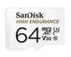 SanDisk High Endurance 64GB microSD 100MB/s 40MB/s 5K hrs 4K UHD C10 U3 V30 -40°C to 85°C Heat Freeze Shock Temperature Water X-ray Proof SD Adapter Sandisk